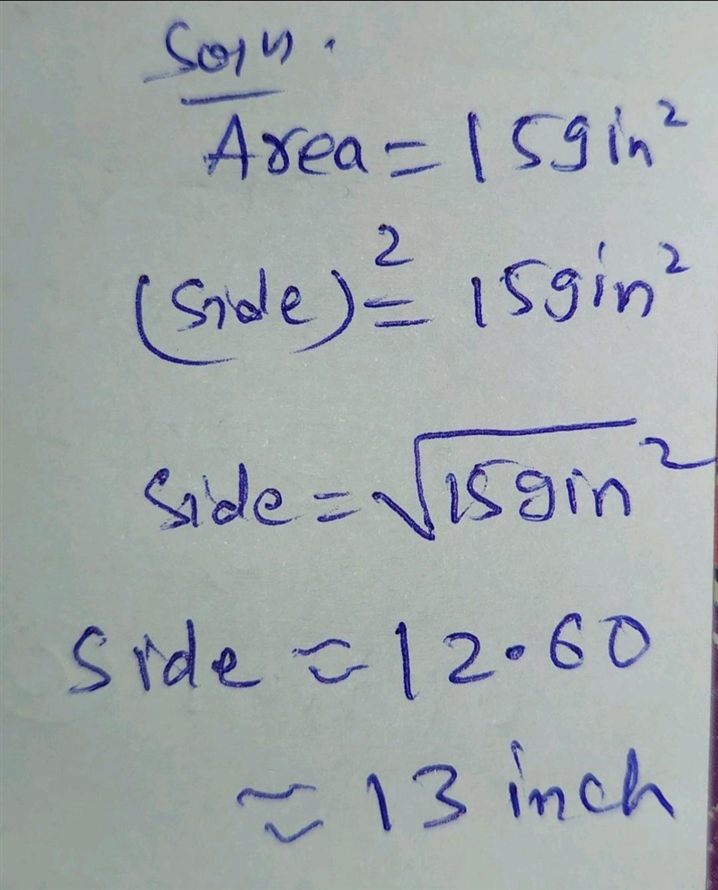 Find the approximate side length of a square game board with an area of 159 in. (Round-example-1