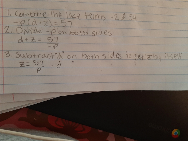 Solve for z -p(d + z) = -2+59​-example-1