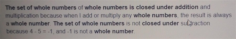 The set of whole numbers is closed under addition. True or False?-example-1