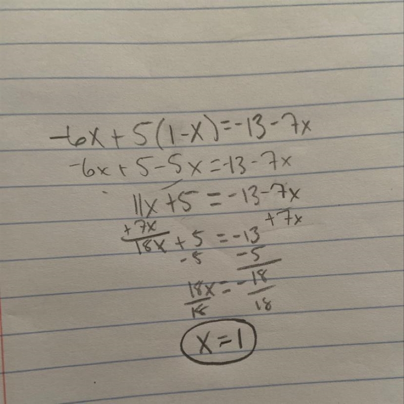 What is the solution to -6 + 5(1-x) = - 13 – 7 x?-example-1