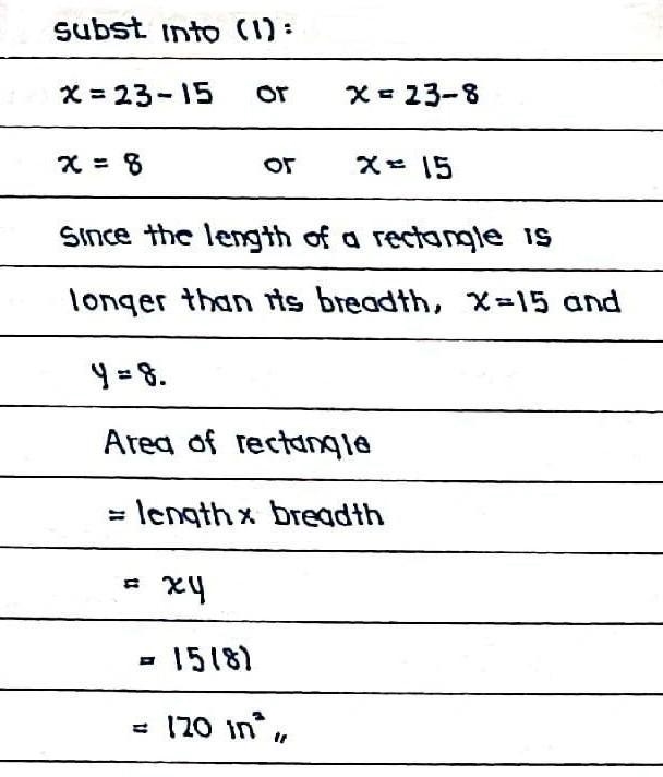 The perimeter of a rectangle is 46 inches and the diagonal is 17 inches. Find the-example-4