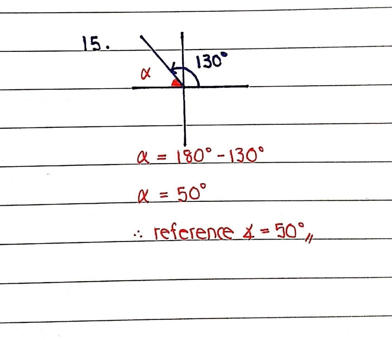 Find the measure of the reference angle for each given angle. Part 2 13. θ = -160° 14. θ = 345° 15. θ = =130°-example-3