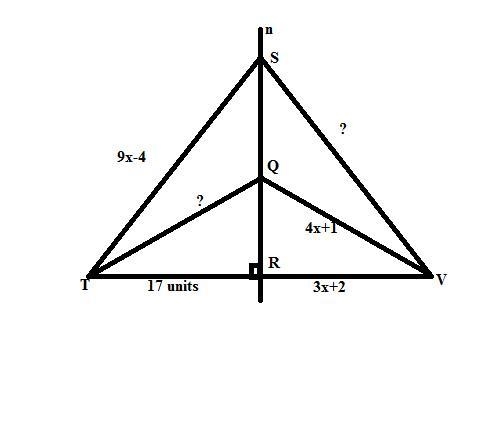 Line n is a perpendicular bisector of line segment T V. It intersects line segment-example-1