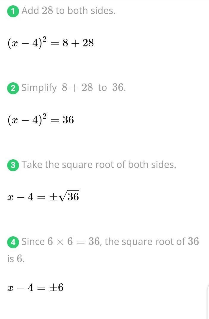 25 pts! Dont copy someone elses work plz Explain why the equation (x-4)^2-28=8 has-example-1