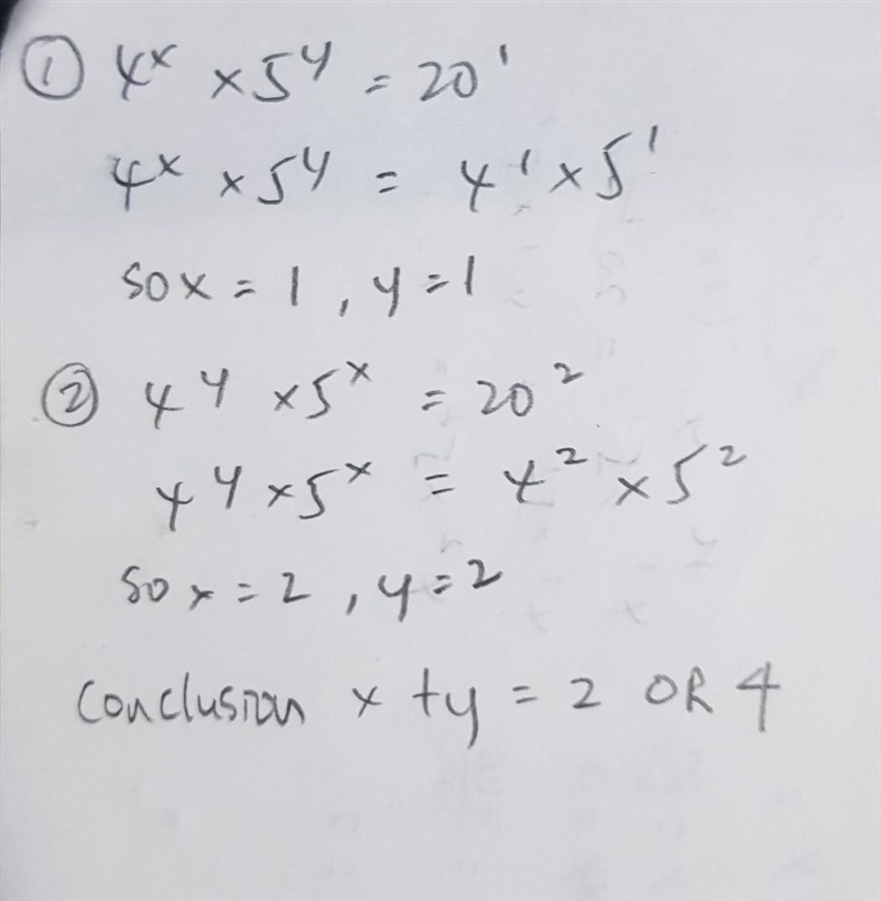 Please help! 4^x*5^y=20, 4^y*5^x=20^2, x+y=?​-example-1