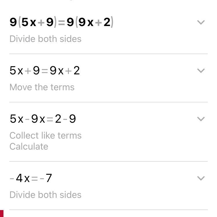 Solve for x in the following equation. 9(5x +9) = 9(9x + 2)-example-1