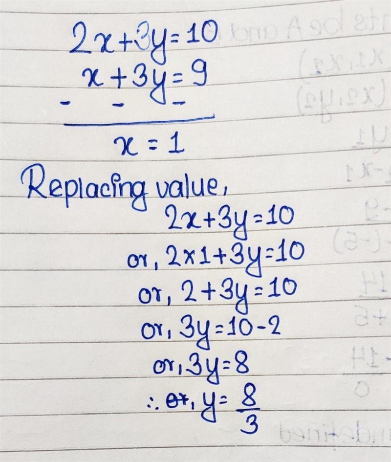 What is the solution to this equations? 2x + 3y = 10 x + 3y = 9 ​-example-1