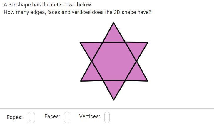 Pls help?? A 3D shape has the net shown below. How many edges, faces and vertices-example-1