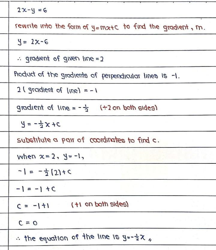 Write the equation of a line perpendicular to 2x - y = 6 through the point (2, -1) ​-example-1