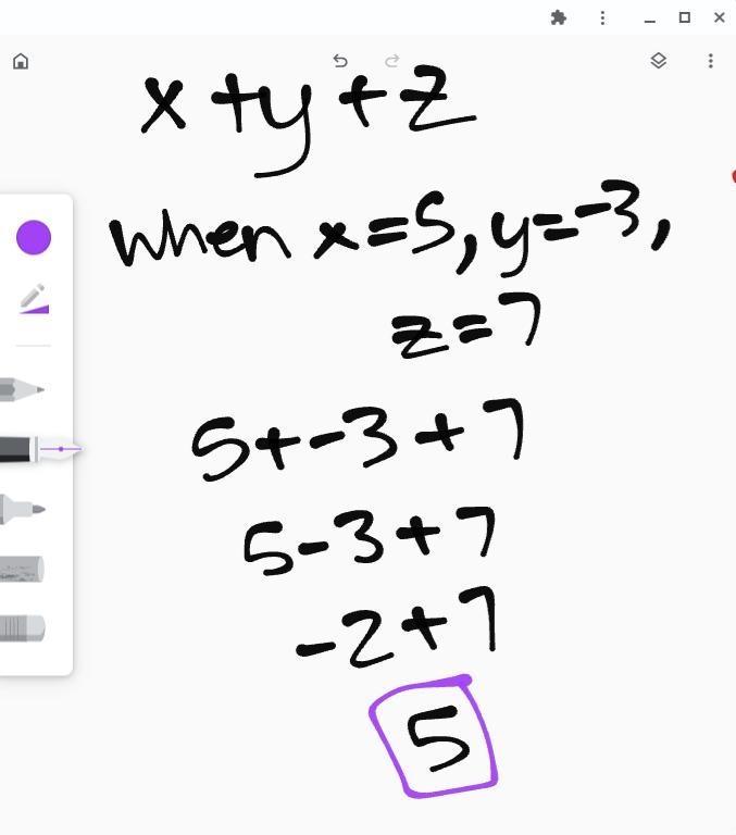 Evaluate the expression for x=5, y=-3 and z=7 x + y + z-example-1