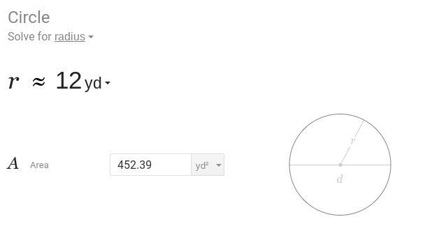 The area of a circle is 452.39 square yards. Find the radius of the circle-example-1