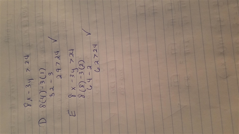 The ordered pairs is a solution to the inequality 8x – 3y > 24 A.2,6 B.0,-8) C-example-1