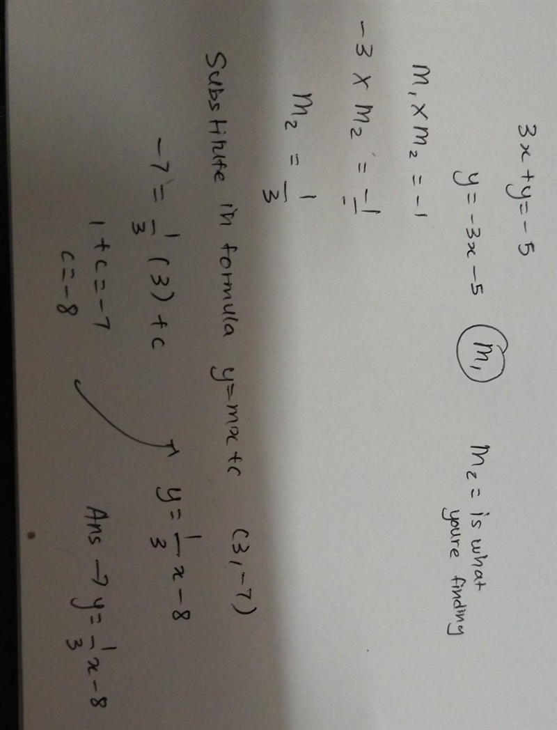 What is an equation of the line that is perpendicular to 3x+y=−5 and passes through-example-1