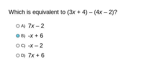 What is equivalent to (3x+4)-(4x-2)?-example-1