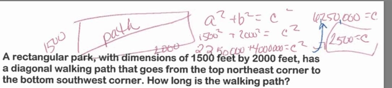 A rectangular park, with dimensions of 1500 feet by 2000 feet, has a diagonal walking-example-1