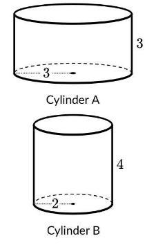 3 3Cylinder A 3 3 4 4Cylinder B 2 2 What is the ratio of the volume of Cylinder A-example-1