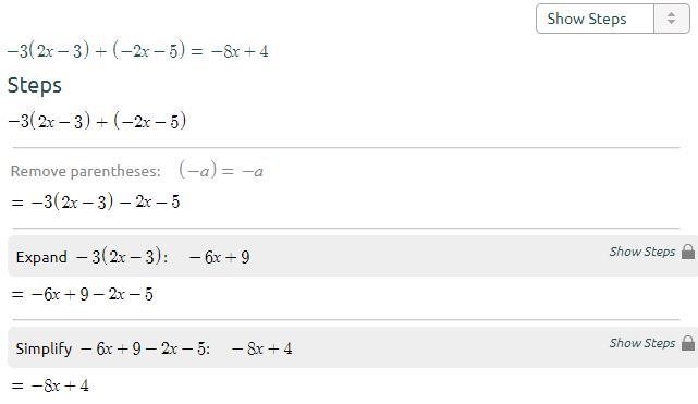 -3(2x-3)+(-2x-5) simplified-example-1