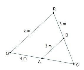 Points A and B are midpoints of the sides of triangle QRS. Triangle Q R S is cut by-example-1