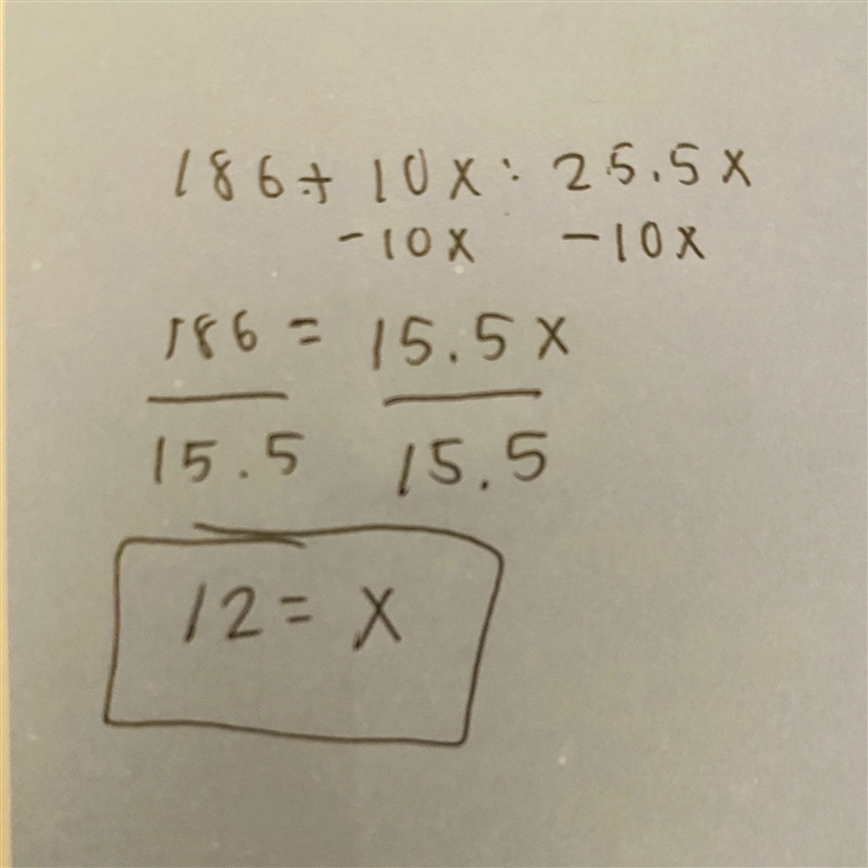 Solve the equation 186+10x=25.5x to find how many diving lessons __ lesson(s)-example-1