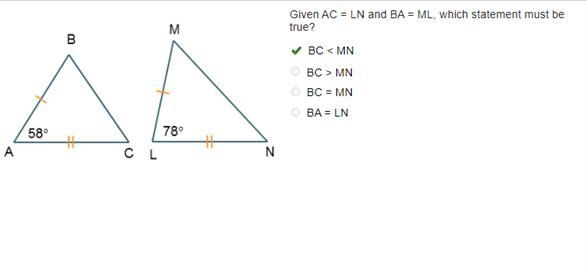 Triangles A B C and L M N are shown. Angle B A C is 58 degrees. Angle M L N is 78 degrees-example-1