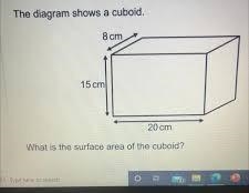 The diagram shows a cuboid. 8 cm 15 cm 20 cm What is the surface area of the cuboid-example-1