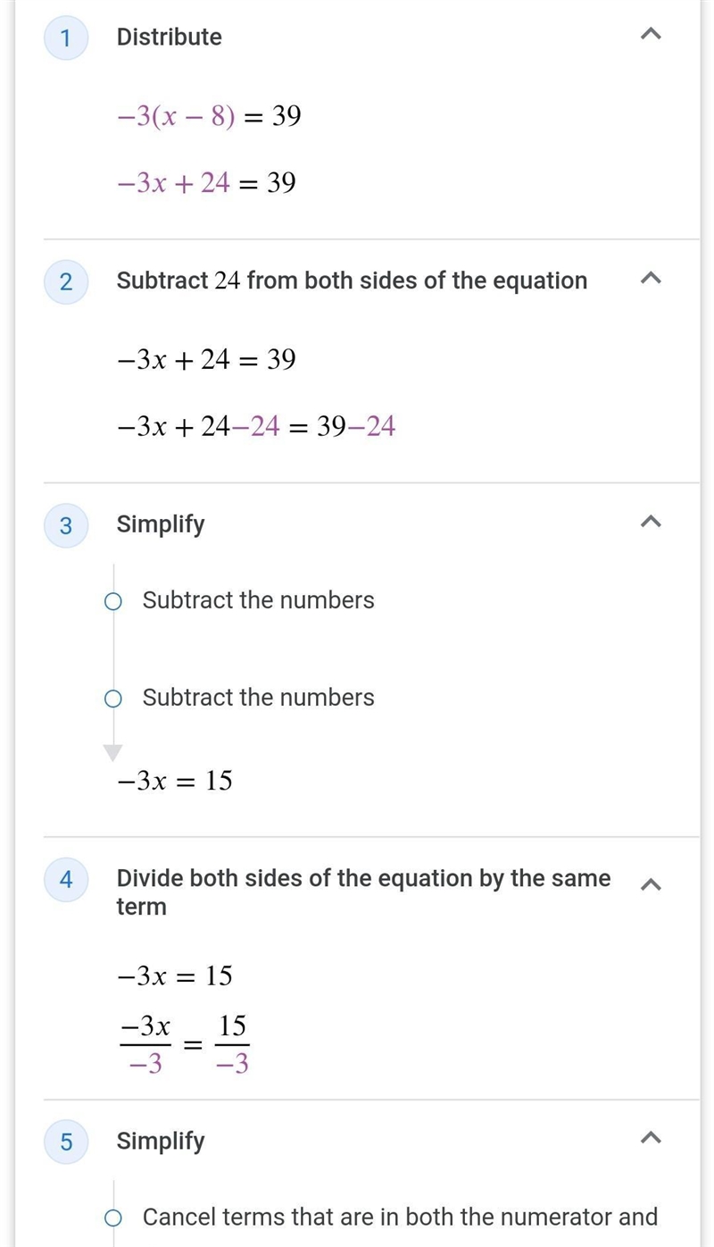 What is the x for -3(x-8) = 39-example-1