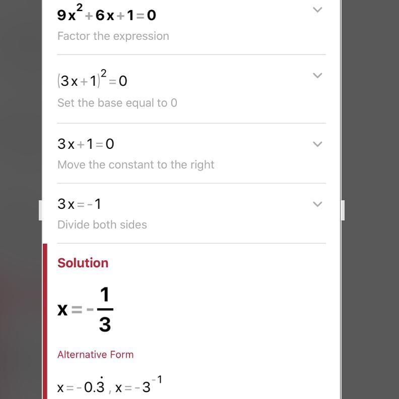 How many solutions does 9x^2+ 6x + 1 = 0 have? (a) one real and one nonreal complex-example-1