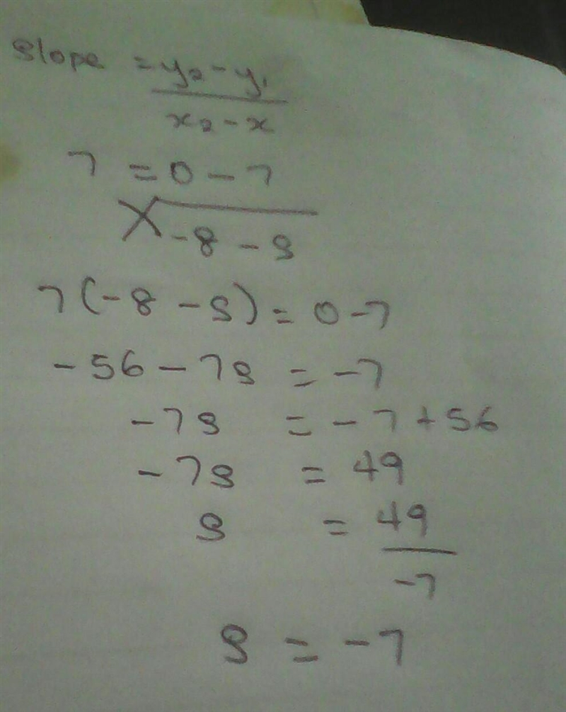 The points (s, 7) and (-8, 0) fall on a line with a slope of 7. What is the value-example-1