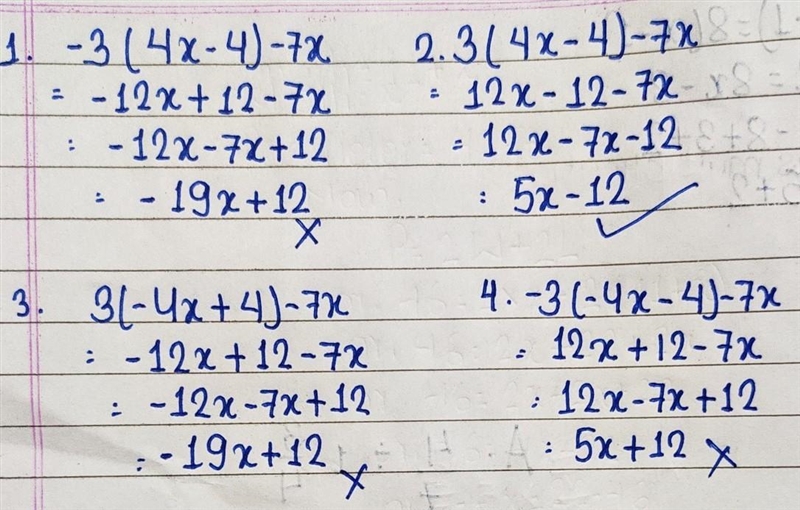 Which expression has a simplified expression of 5x - 12? 1.) -3(4 x - 4) - 7 x 2.) 3(4 x-example-1