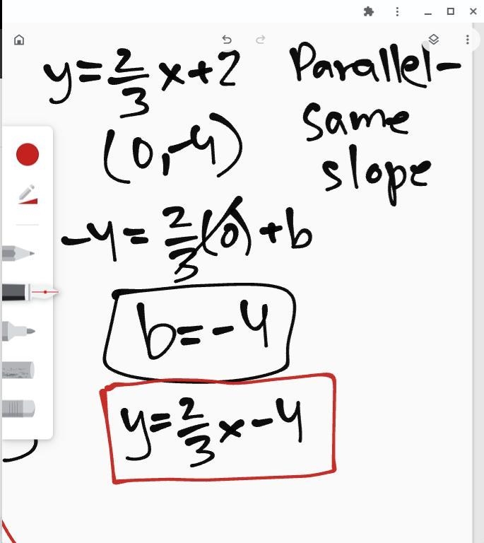 Identify which equation is parallel to the line y = 2/3x+2 and passes through the-example-1