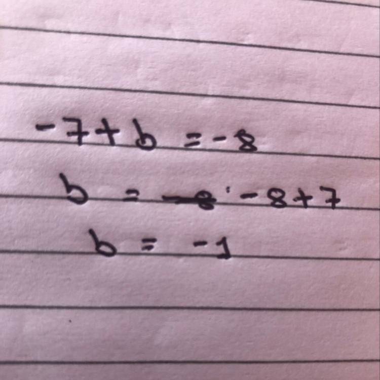 What is the value of b if -7 +b= -8?-example-1