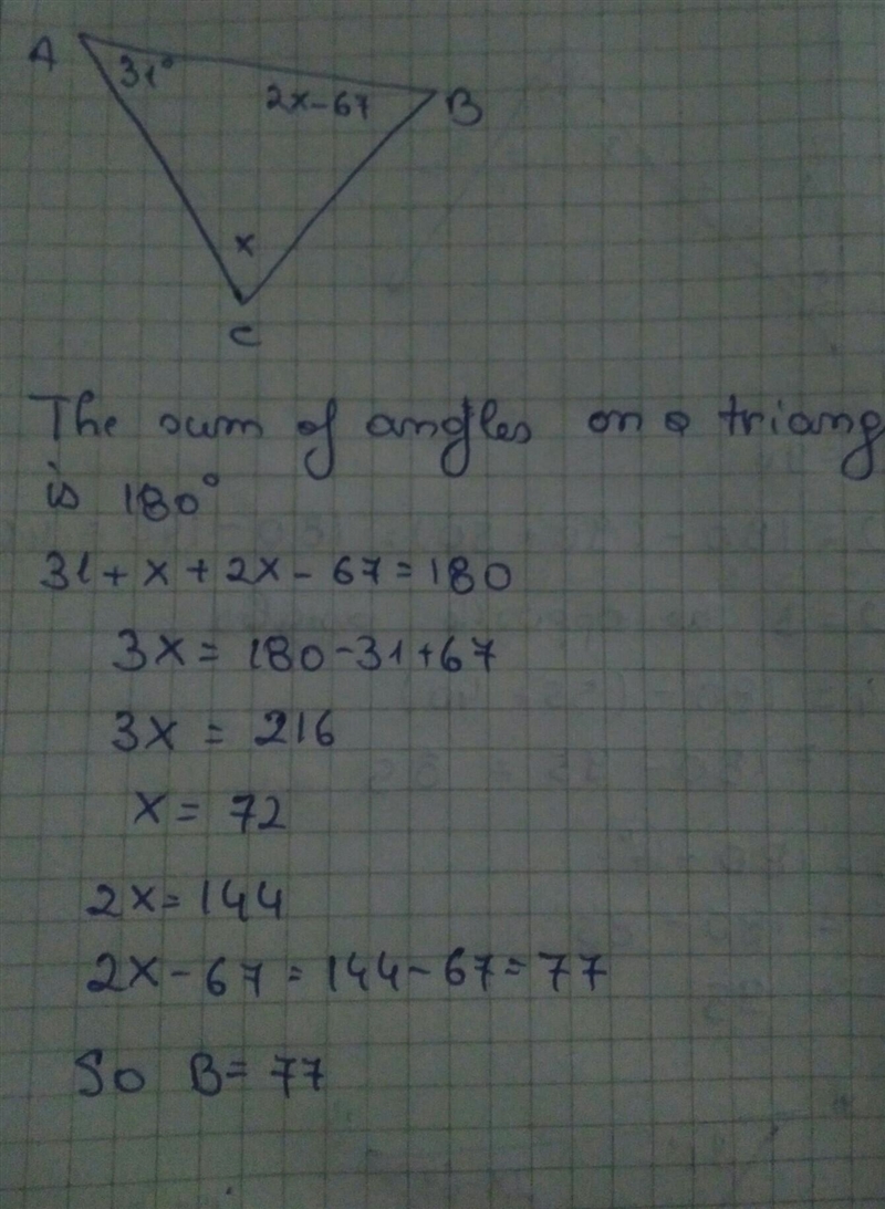 Find the measure of angle B. 67 degrees 77 degrees 12.3 degrees 118.3 degrees-example-1