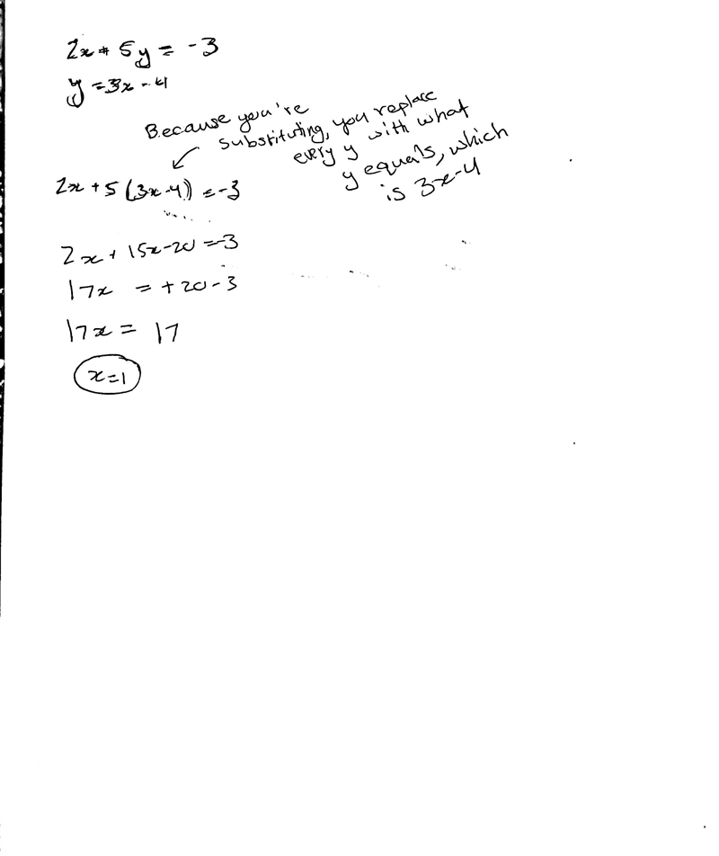 2x + 5y = -3 y = 3x - 4 How do I solve this using substitution?-example-1