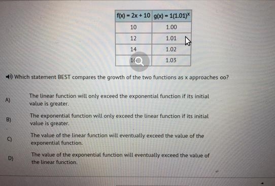 F(x) = 2x + 10 g(x) = 1(1.01)x x y 10 1.00 12 1.01 14 1.02 16 1.03 Which statement-example-1