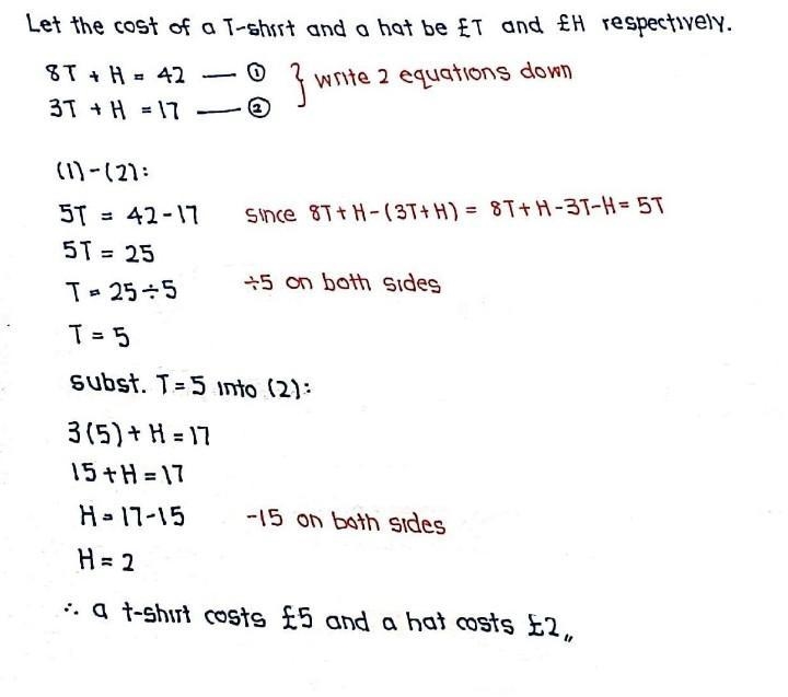 8 t-shirts and a hat costs £42.00 3 t-shirts and a hat costs £17.00. How much does-example-1