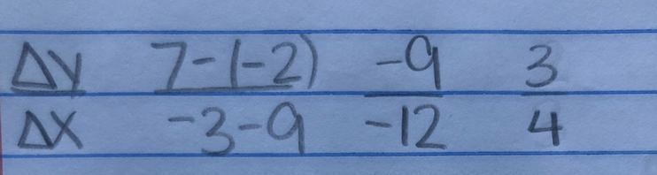 Determine the slop of the line passing through (-3,7) and (9,-2)-example-1