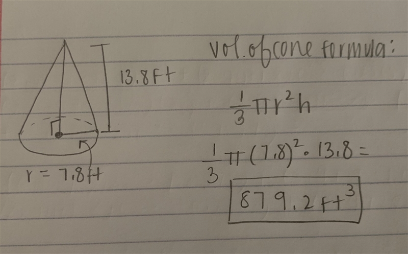 Find the volume of a right circular cone that has a height of 13.8 ft and a base with-example-1