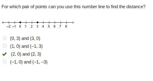 For which pair of points can you use this number line to find the distance? -2 -1 0 1 2 3 4 5 6 7 8 (0, 3) and-example-1