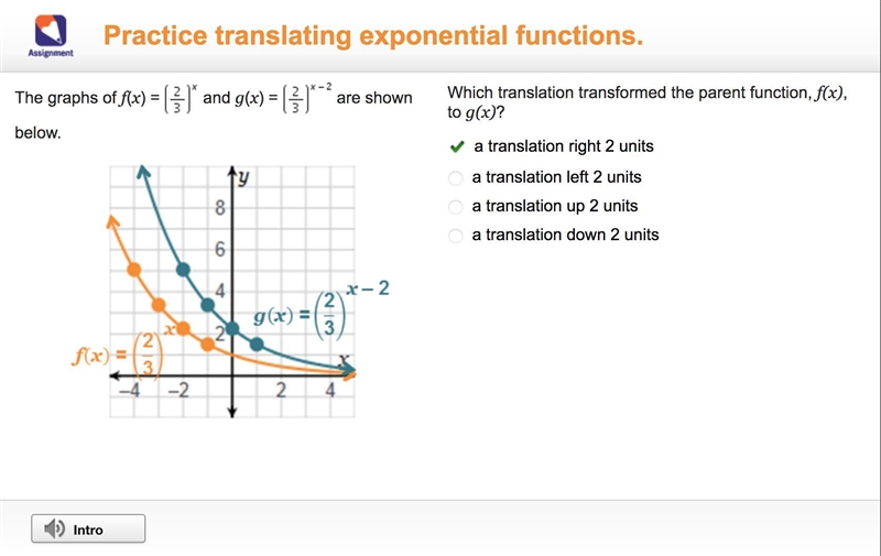 The graphs of f(x) = (two-thirds) Superscript x and g(x) = (two-thirds) Superscript-example-1