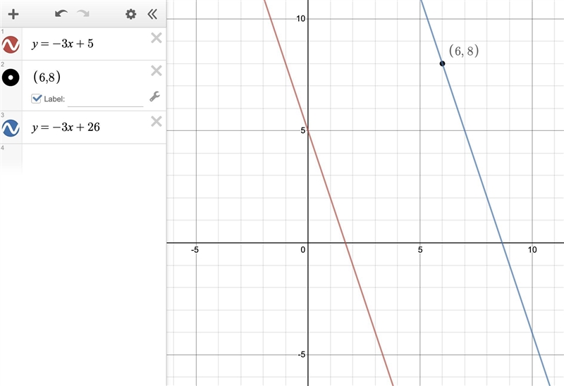 What is the equation of a line parallel to Y￼=-3x+5 that passes through point (6,8)?-example-1