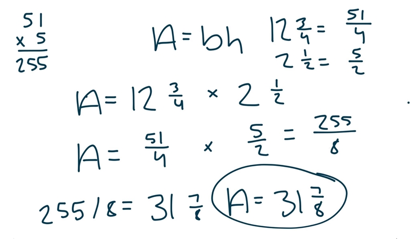 What is the area of a parallelogram that has a base of 12 3\4 in. and a height of-example-1