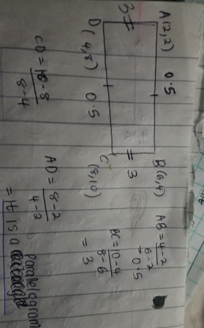 The vertices of a quadrilateral are A(2,2),B(6,4),C(8,10), and D(4,8). Answer please-example-1