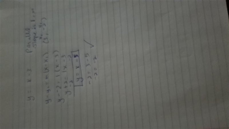 Find the equation of the line parallel to y = x - 3 that also intersects the point-example-1