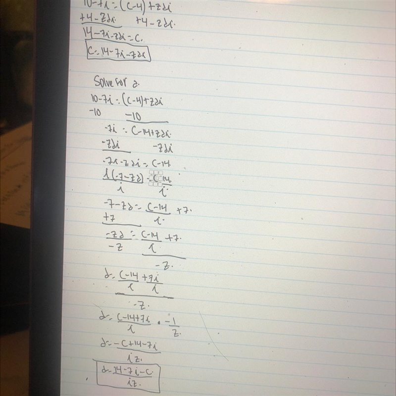 Solve for c and d: 10 – 7i = (c – 4) + zdi C = d =-example-1