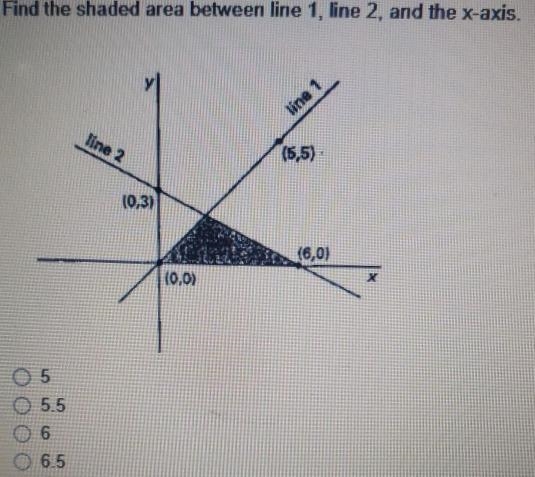 Find the shaded area between line 1, line 2, and the x-axis. for the nearst integer-example-1