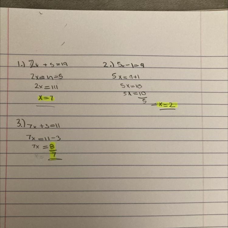 In your Math Notebook, Solve the Following Two-Step Equations: 1. 2x + 5 = 19 2. 5x-example-1