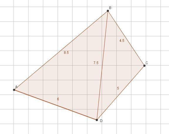 Draw a quadrilateral ABCD with AB = 8.5cm, BC =4.5cm, CD =5cm , DA = 6cm , BD =7.5cm-example-1