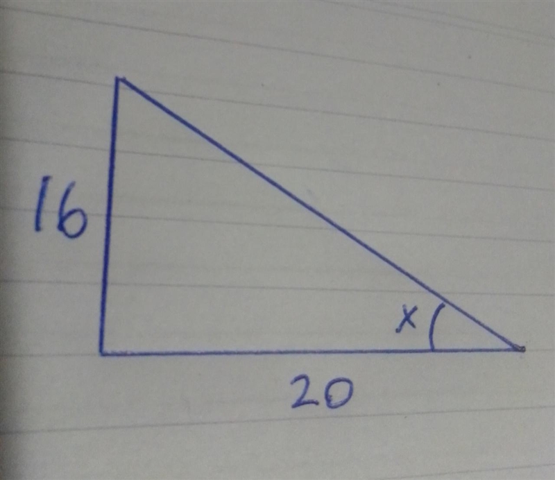 A flag pole is casting a 20ft shadow. the flag pole measures 16 ft. find the angle-example-1