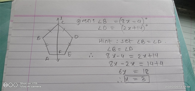 In the figure at right, line ​l​ is a line of symmetry, m∠B=8x-4°, and m∠D=2x+14°. Use-example-1