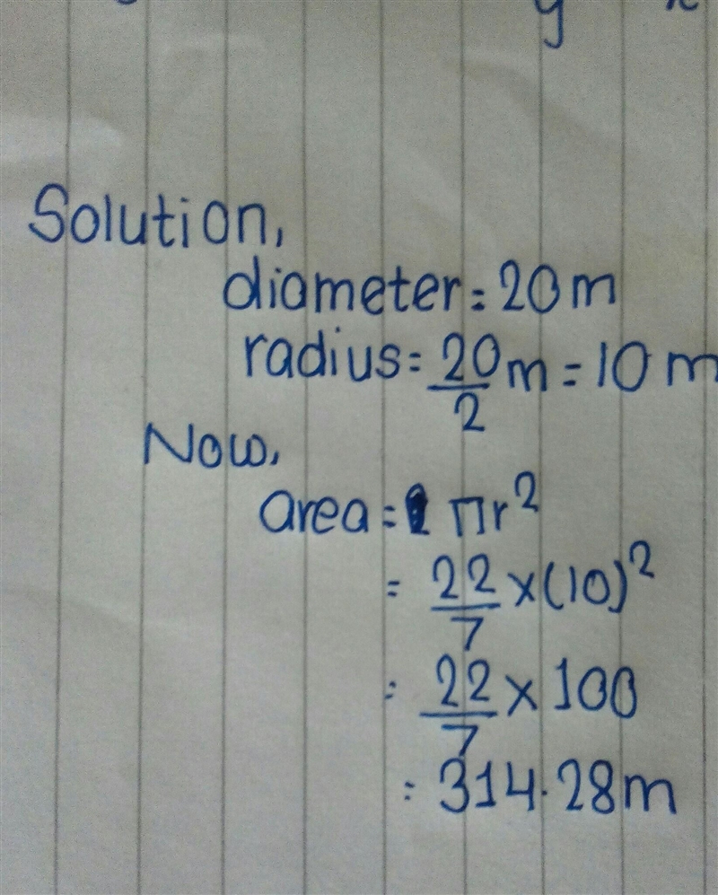 What is the area of a circle with a diameter of 20 meters-example-1